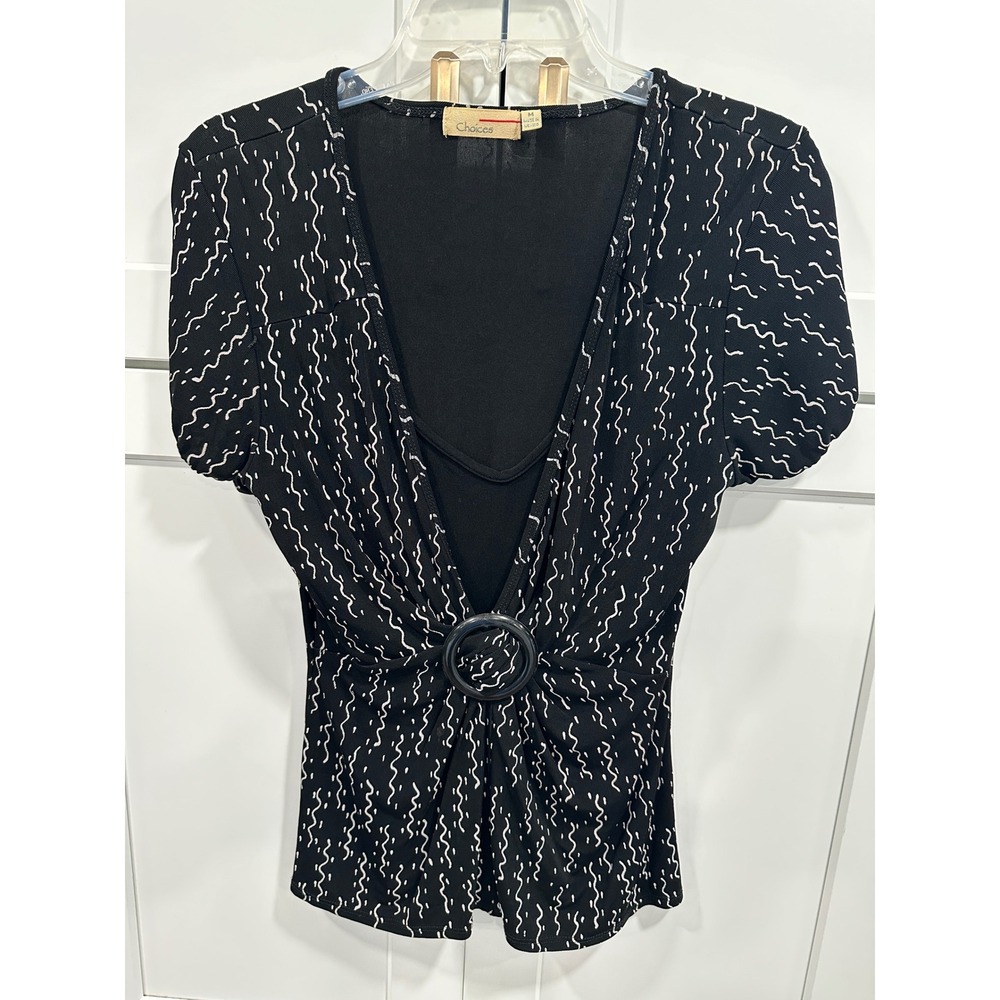 Vtg‎ Choices Womens Black White Squiggle O-Ring Puff Sleeve Blouse M